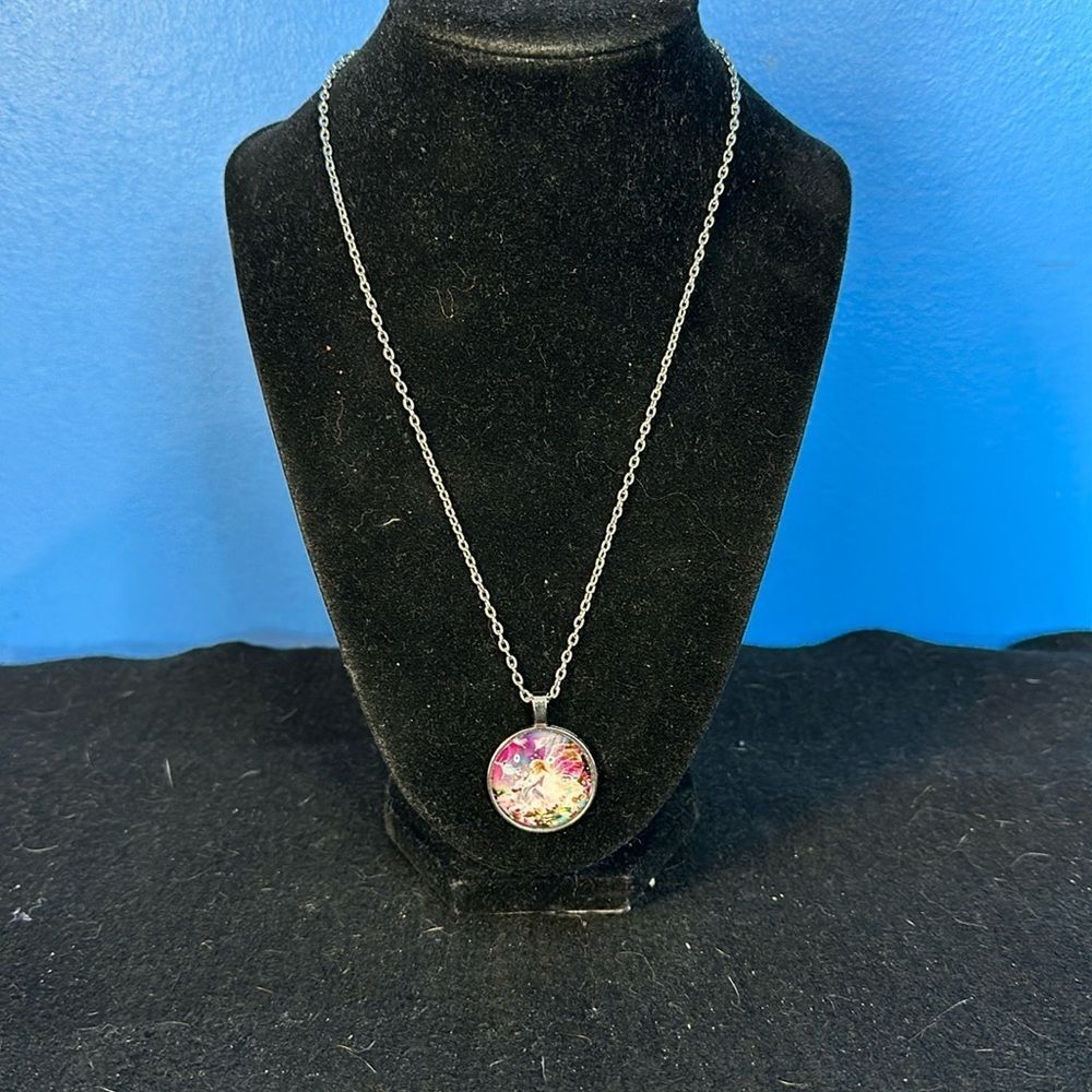 Faux Silver Fairy Pendant Necklace Fantasy Art Picture Jewelry Gift